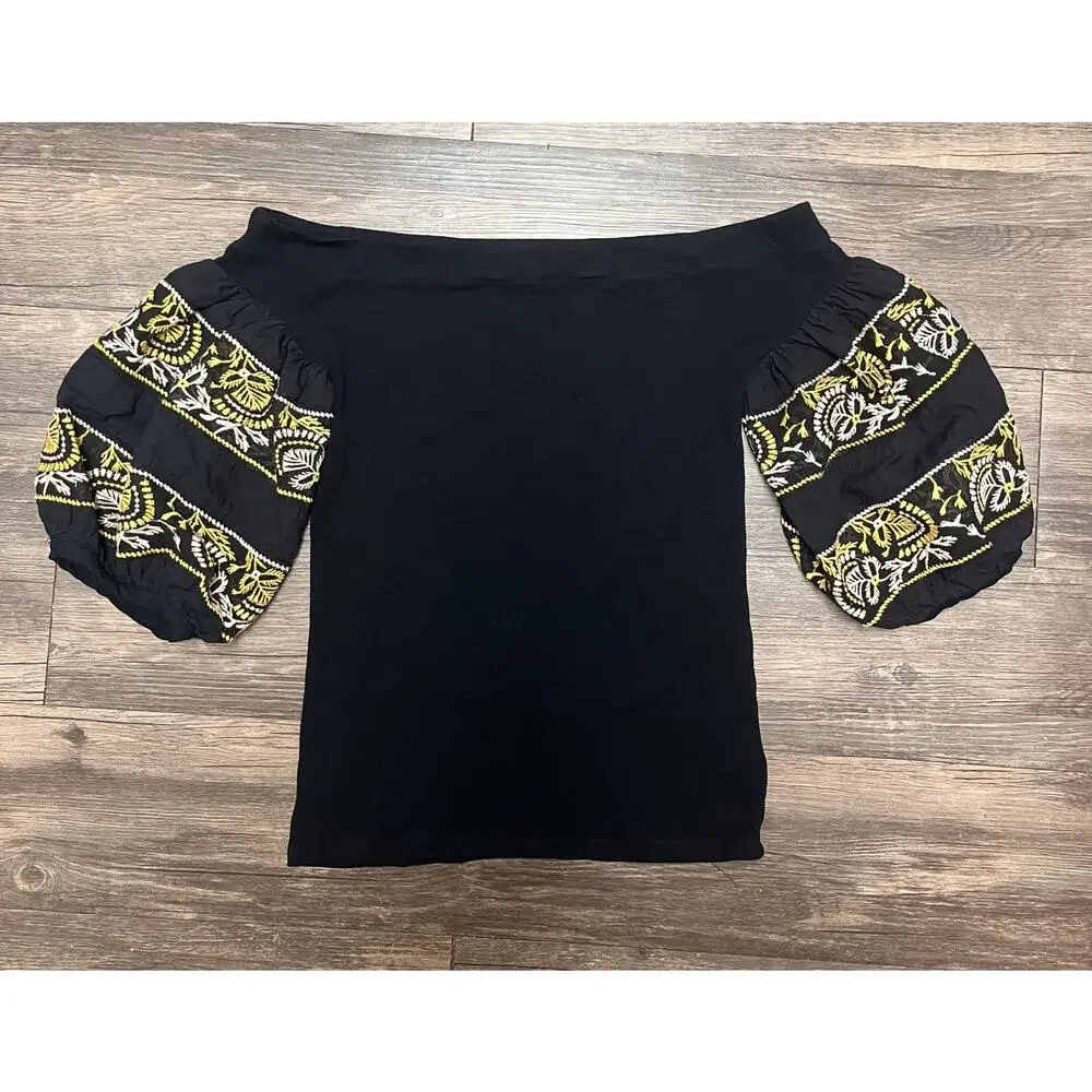 Free People Rock With It Black Embroidered Off Shoulder Top XS Boho Festival